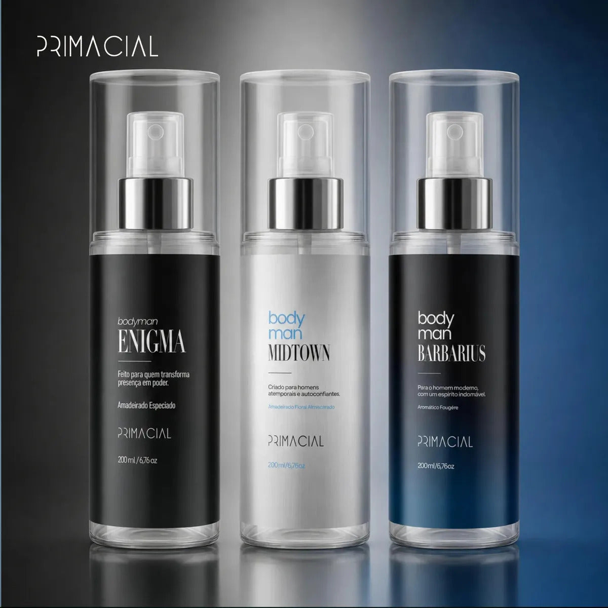 PRIMACIAL men's body mist set with Barbarius, Enigma, and Midtown, each 200ml, displayed in a sleek packaging.