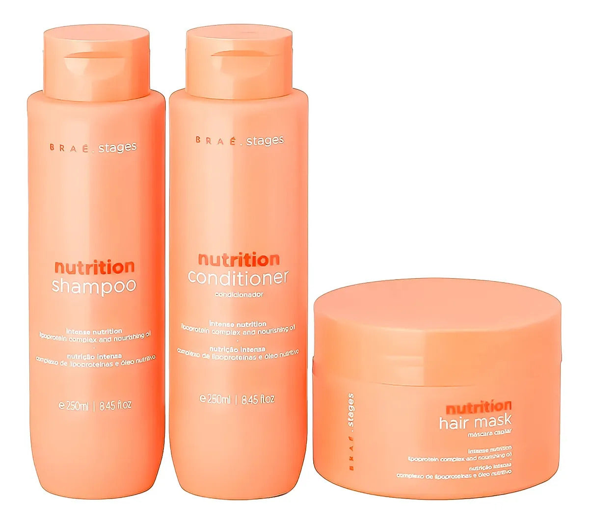 Kit Brae Para Nutrição Linha Braé Stages Nutrition with three items, featuring colorful packaging and nutritional supplements.