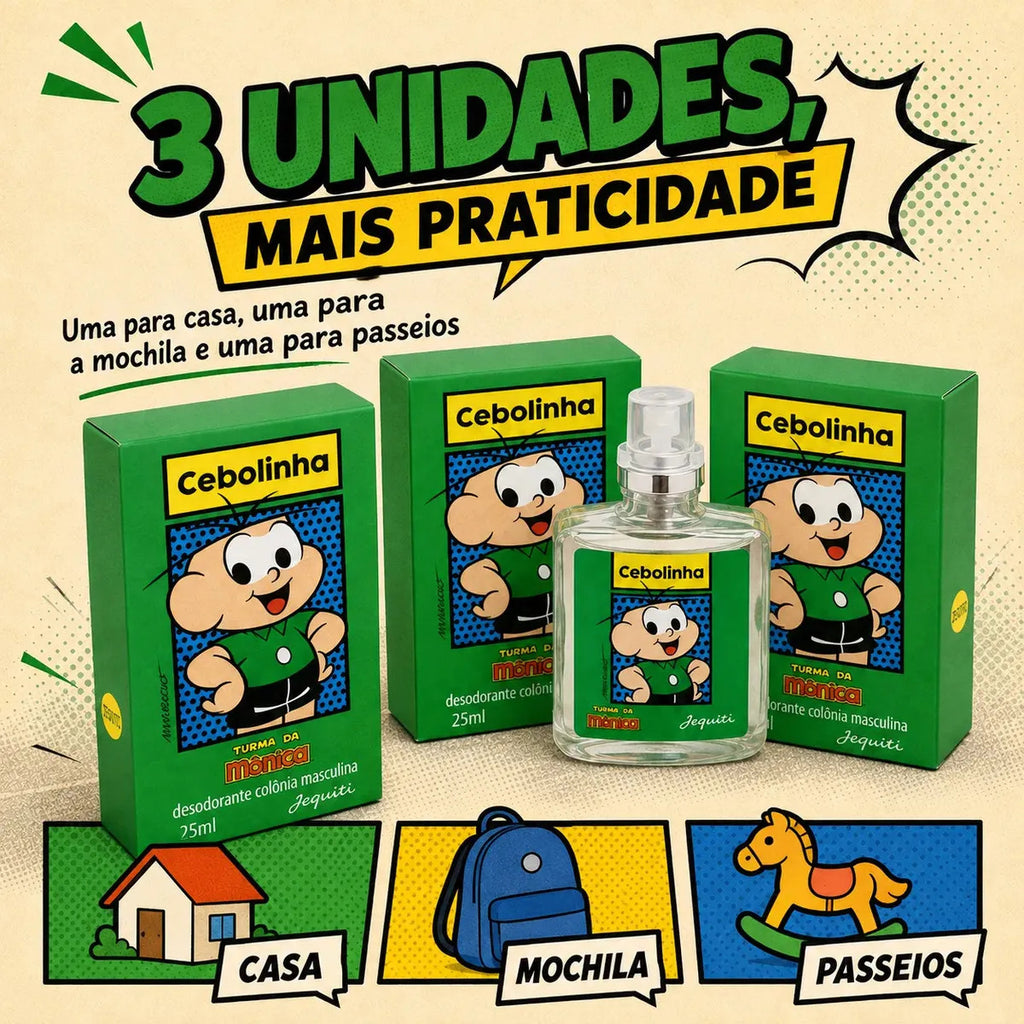 Jequiti Cebolinha Kids' Cologne Set with three 25ml bottles, featuring playful packaging for children.