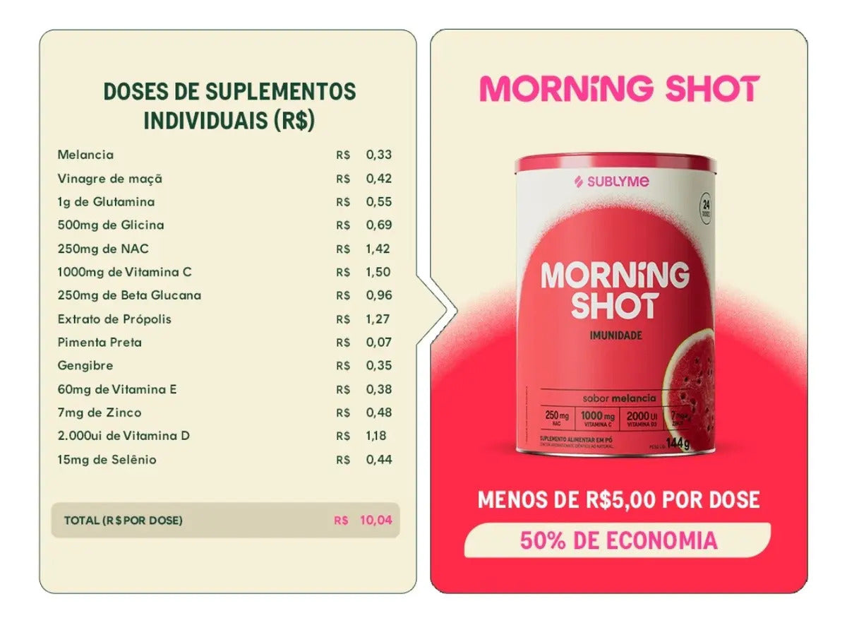Sublyme Morning Shot Melancia, Suplemento de Imunidade em Pó com Vitamina C, D, Própolis e Zinco