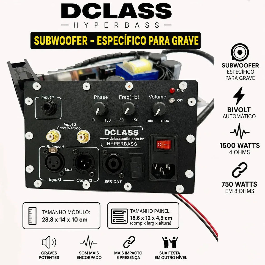 Painel Dclass Completo Ativação Caixa Sub Woofers 1500 Watts Cor Preto Potência de saída RMS 1.5 kW