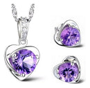 Women's Silver Plated Necklace with Amethyst Purple Stone + Silver Color Earrings