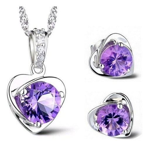 Women's Silver Plated Necklace with Amethyst Purple Stone + Silver Color Earrings