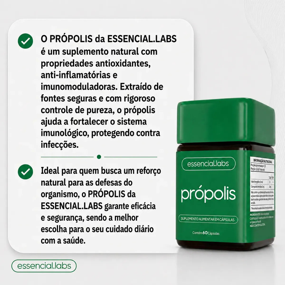 PRÓPOLIS VERDE com 1000mg por dose - Extrato com Máxima Absorção e Concentração - 60 Cápsulas