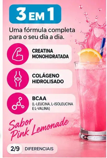 Creatina Big Boom 3 Em 1 Colágeno BCAA 300g Pink Lemonade