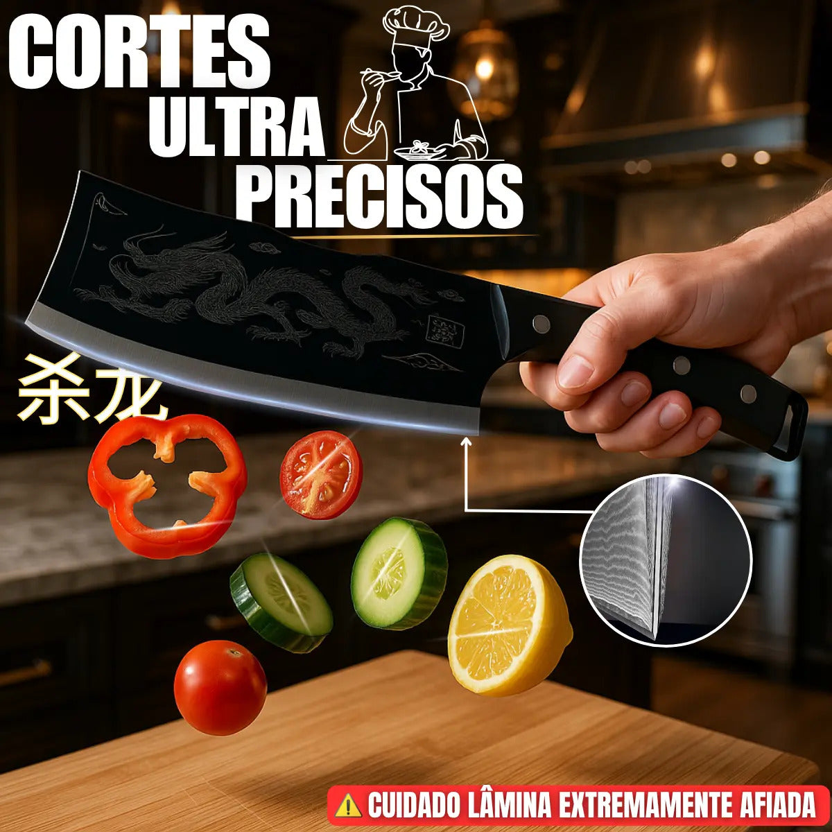 Faca Cutelo Dragão Artesanal Luxo Full Tang Rústica Ultra Afiada Aço Inox Com Bainha Churrasco Pesca Cozinha Carne Sushiman Cutelaria Coleção 12 Polegadas