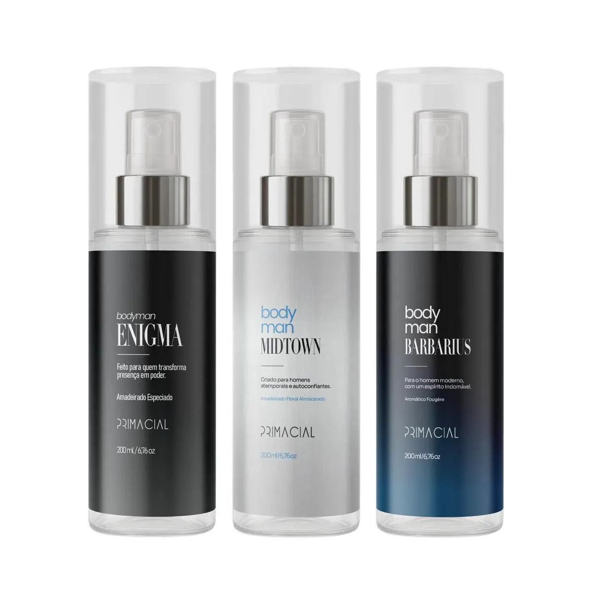 Men's body mist set by PRIMACIAL featuring Barbarius, Enigma, and Midtown in 200ml bottles, displayed together.