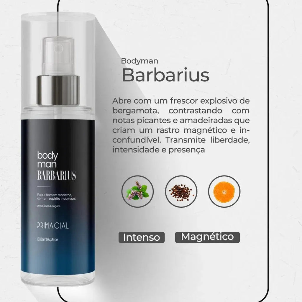 Men's body mist set by PRIMACIAL with Barbarius, Enigma, and Midtown scents in 200ml bottles, displayed together.