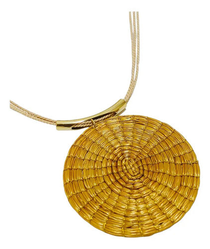 Colar De Capim Dourado Mandala Natural Cordão Bege Folheado