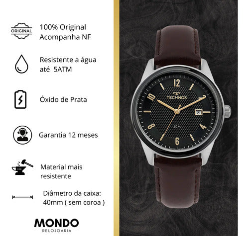 Relógio Technos Masculino Steel Couro Legítimo Prata Preto