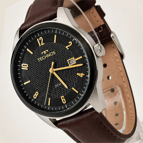 Relógio Technos Masculino Steel Couro Legítimo Prata Preto