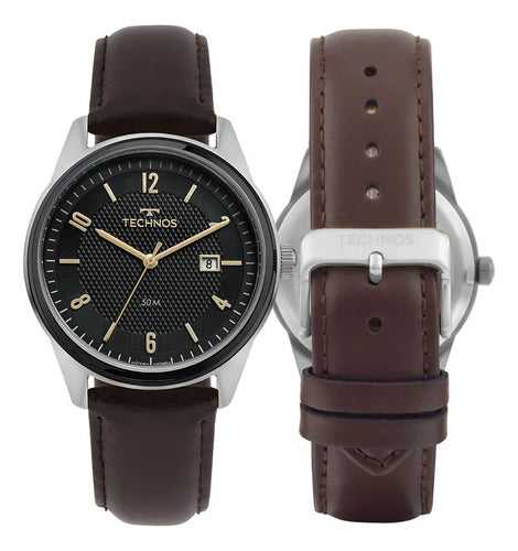 Relógio Technos Masculino Steel Couro Legítimo Prata Preto