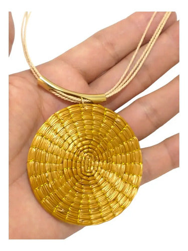 Colar De Capim Dourado Mandala Natural Cordão Bege Folheado