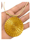 Colar De Capim Dourado Mandala Natural Cordão Bege Folheado