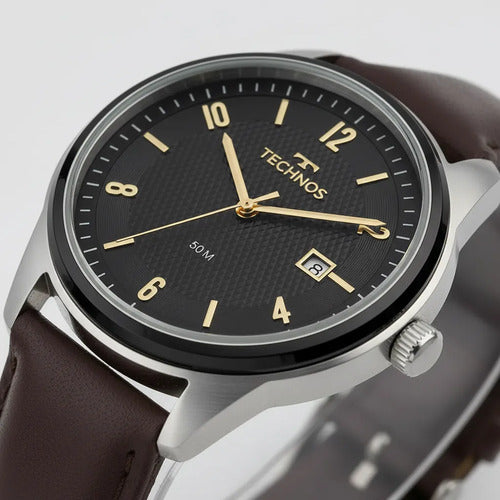 Relógio Technos Masculino Steel Couro Legítimo Prata Preto