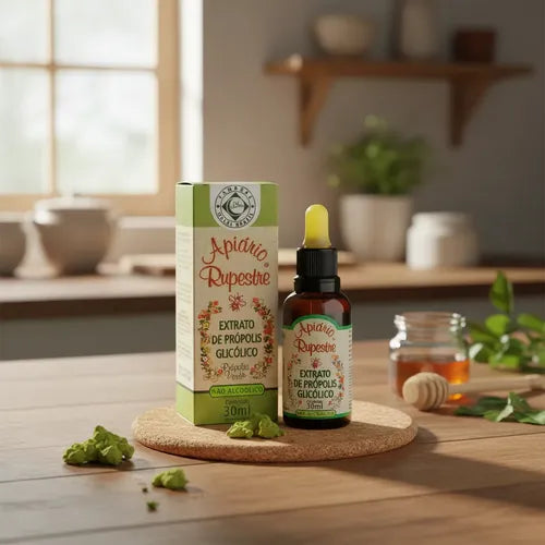 Apiário Rupestre alcohol-free green propolis glycolic extract in a 30ml bottle, showcased with the product label and packaging details.