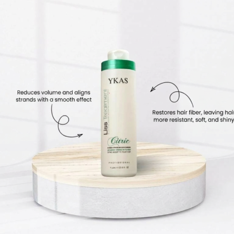 Ykas Liss Treatment Citric Volume Reducer 1L bottle, hair care product for smoothing and reducing hair volume.