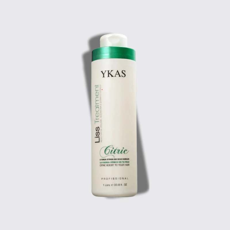 YKAS Liss Treatment Citric Volume Reducer bottle for hair care, showing the 1L (33.8 fl oz) container with product label.