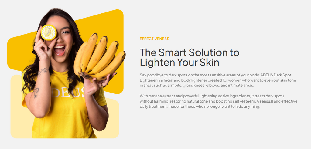 Adeus Banana Glow Duo with dark spot corrector cream and radiance renewal scrub, featuring their packaging and product tubes.