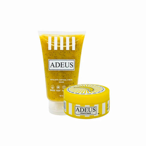 Adeus Banana Glow Duo with dark spot corrector cream and radiance renewal scrub in a product shot showing the packaging and products.