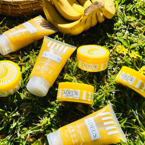 ADEUS Banana Glow Duo with dark spot corrector cream and radiance renewal scrub, featuring banana and pitaya ingredients.