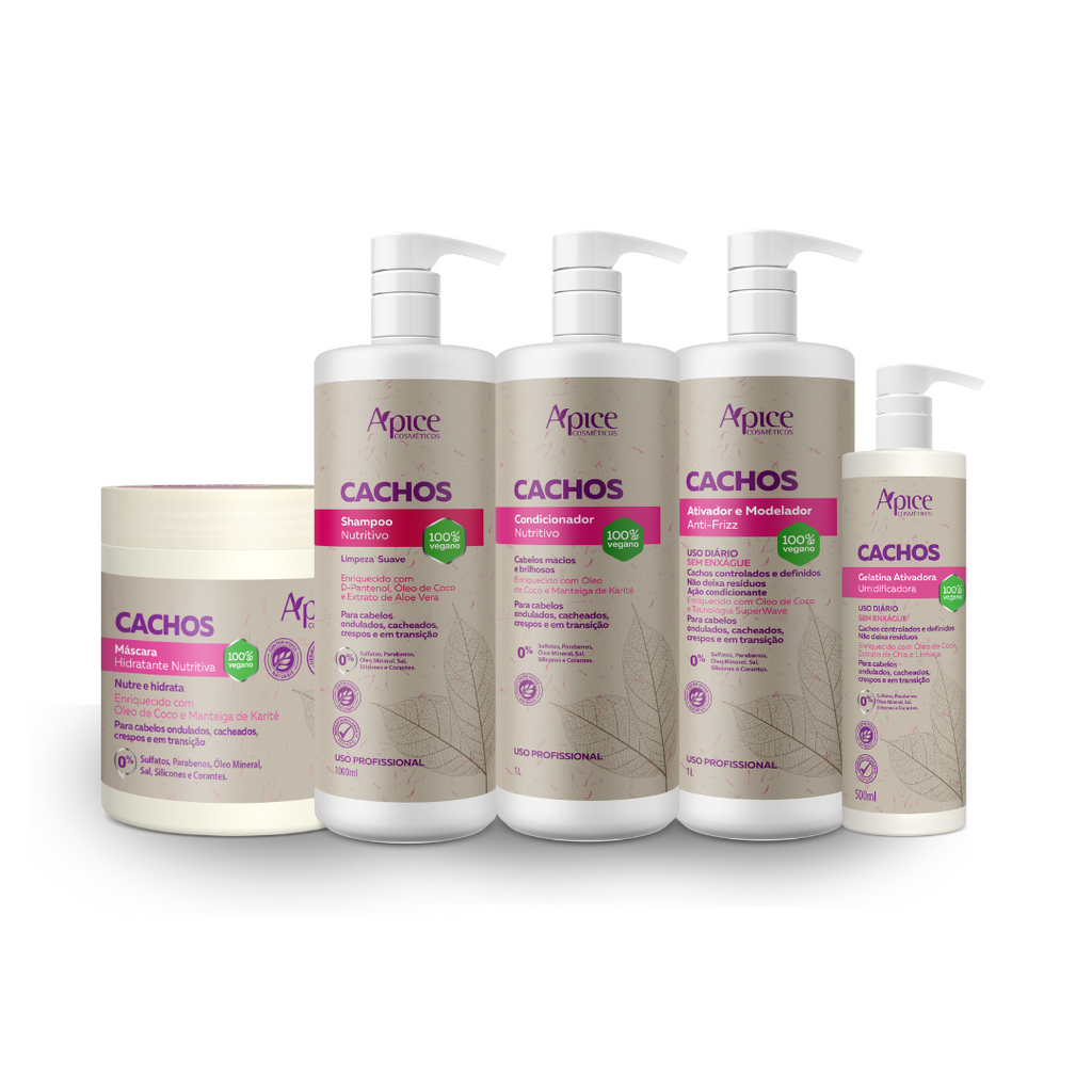 Apice Cachos Complete Jumbo Kit Shampoo, Conditioner, Gelatin, Activating Mask and Styling Activator - 5-Step Treatment for Defined and Hydrated Curls - BuyBrazil