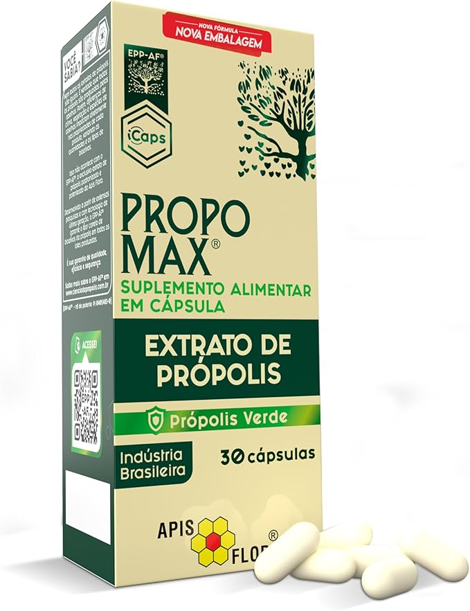 Apis Flora Propomax Green Propolis Extract capsules, dietary supplement in green propolis extract, 30-count bottle.
