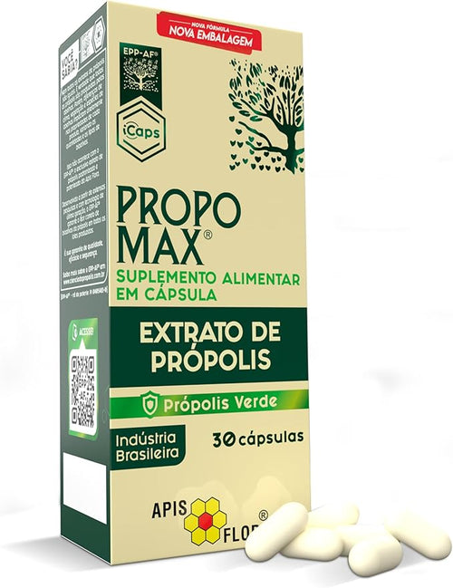 Apis Flora Propomax Green Propolis Extract capsules, dietary supplement in green propolis extract, 30-count bottle.