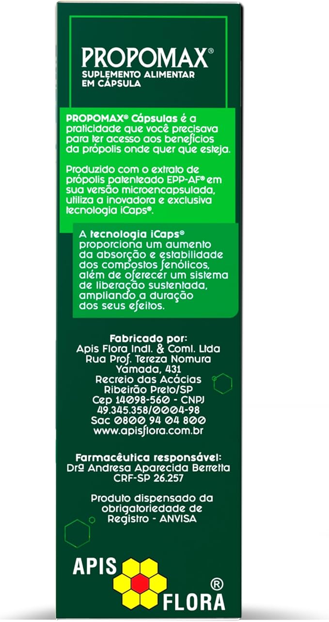 Apis Flora Propomax Green Propolis extract capsules in a bottle, showing the product label and green cap.
