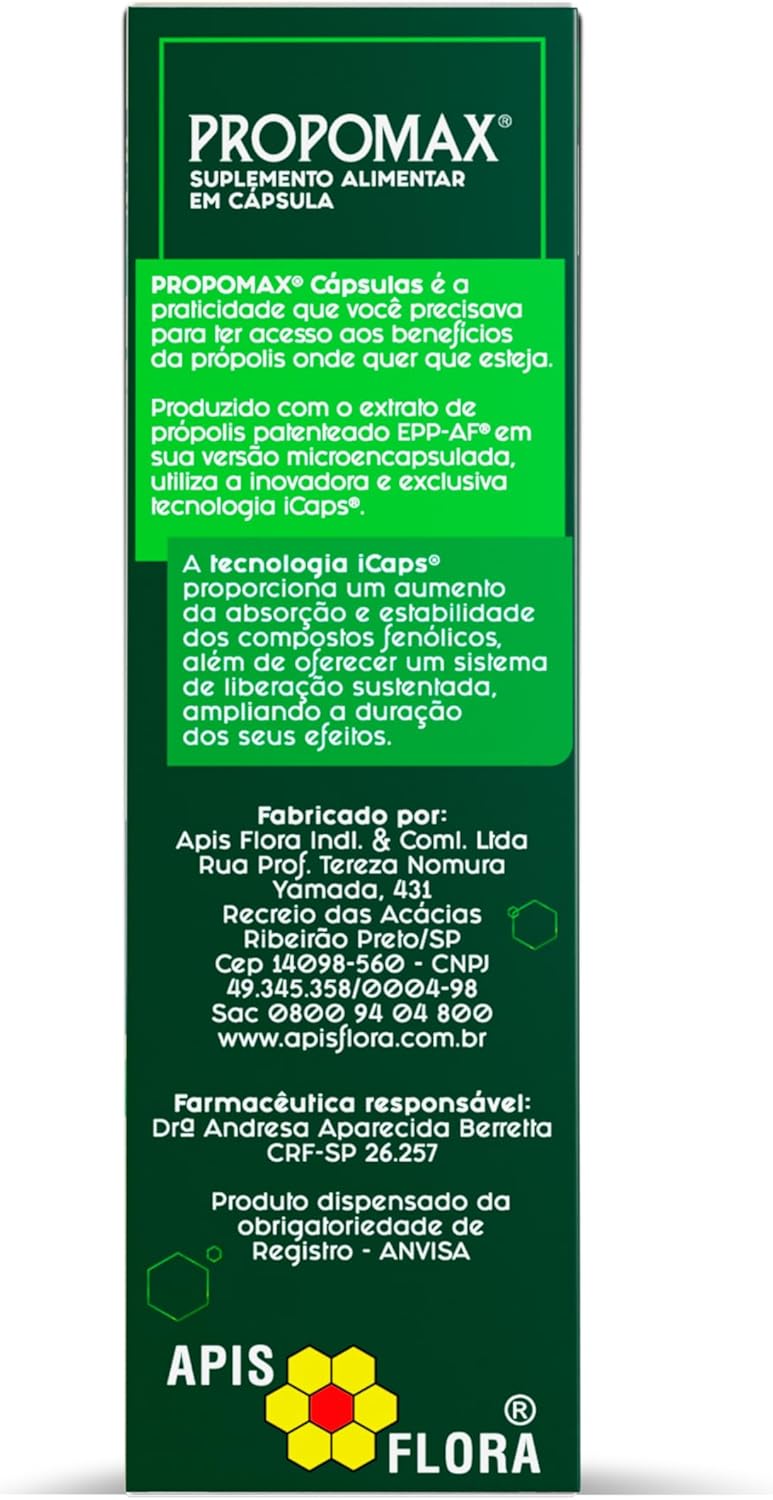 Api Flora Propomax Green Propolis Extract capsules, dietary supplement in a white bottle with green label, natural health product.