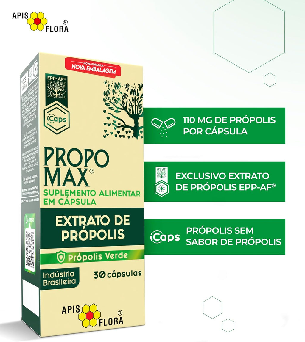 Apis Flora Propomax Green Propolis Extract capsules in a bottle, natural supplement for immune support, 30 caps.