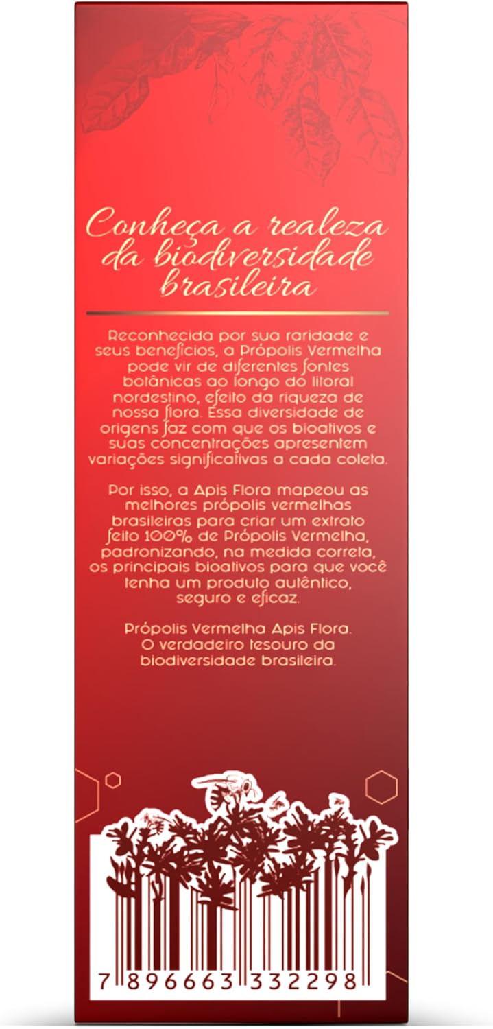 Apis Flora Red Brazilian Bee Propolis Extract 20ml bottle, close-up of the product label with amber-colored liquid inside.