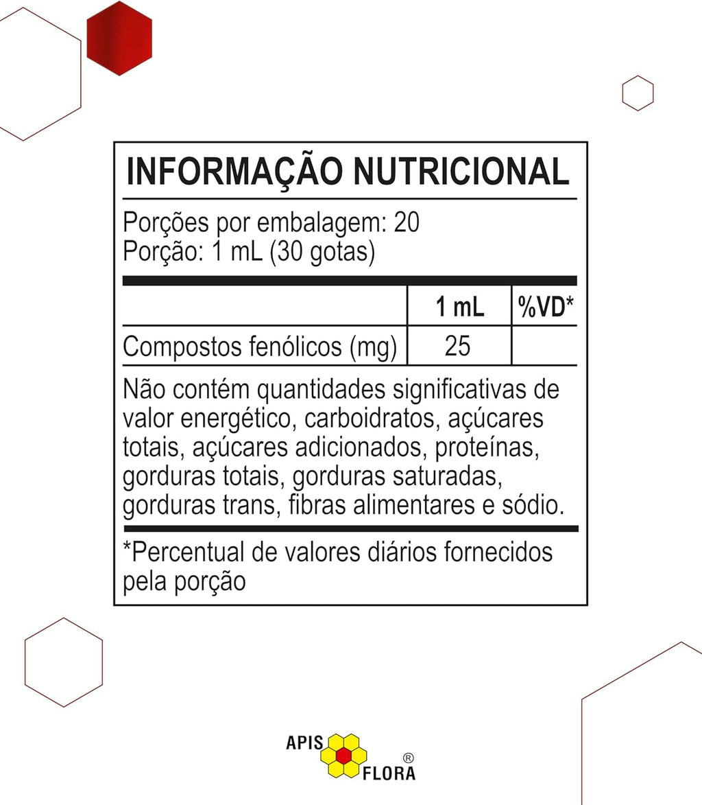 Apis Flora Red Brazilian Bee Propolis Extract in 20ml bottle, showing the amber liquid and label.