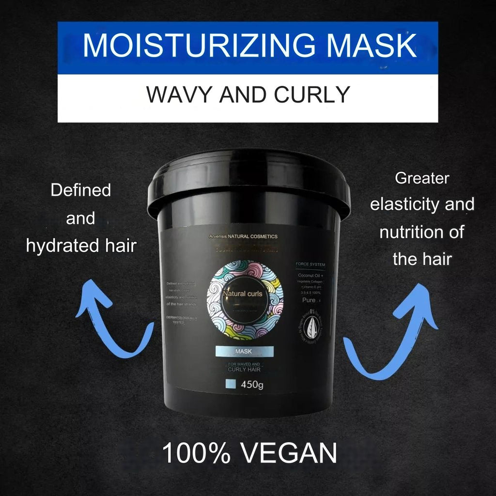 Arvensis Natural Curls 2-in-1 vegan hair mask in a 500g jar, nourishing curly hair with natural ingredients.