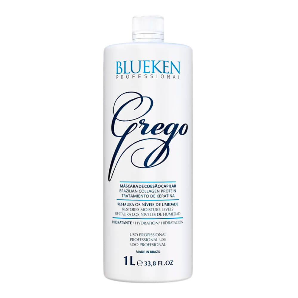 Blueken Grego progressive hair brush without formaldehyde, 1000ml, blue and white handle, designed for hair gloss and care.