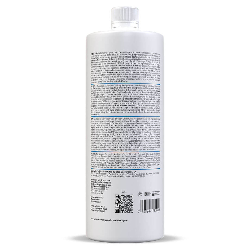 Blueken Grego Progressive Hair Brush in 1000ml, blue and white design, used for hair gloss and smoothing without formaldehyde.