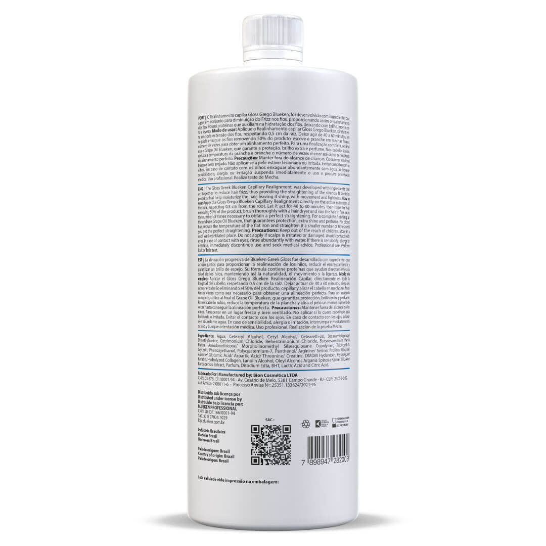 Blueken Grego Progressive Hair Brush in 1000ml, blue and white design, used for hair gloss and smoothing without formaldehyde.