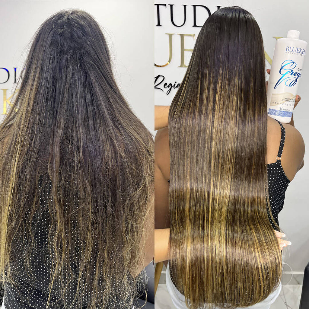 Blueken Grego Progressive Hair Gloss in 1000ml bottle, blue and white packaging, designed for shiny, healthy hair without formaldehyde
