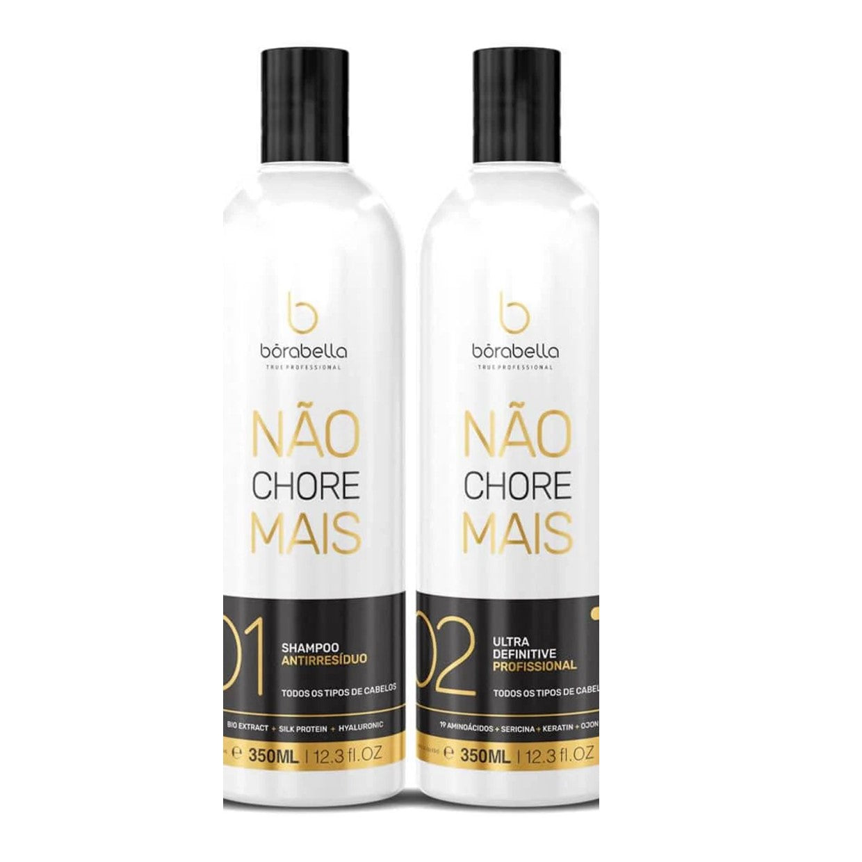 Borabella Nao Chore Mais Brazilian keratin hair treatment bottles, 2x350ml, for smoothing and strengthening hair.