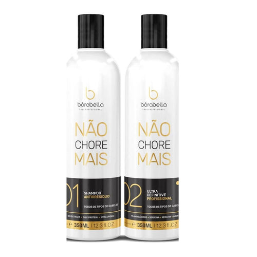 Borabella Nao Chore Mais Brazilian keratin hair treatment bottles, 2x350ml, for smoothing and strengthening hair.