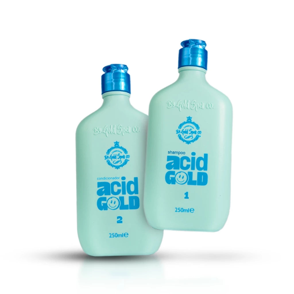 Gold Spell AcidGold shampoo and conditioner set by BuyBrazil, featuring sleek bottles with gold accents and professional hair care design.