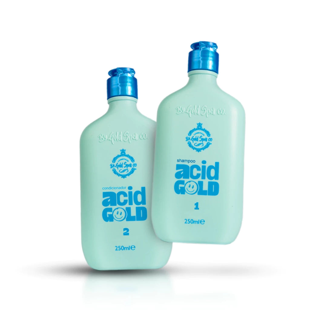 Gold Spell AcidGold shampoo and conditioner by BuyBrazil, with bottles shown in a sleek packaging design.