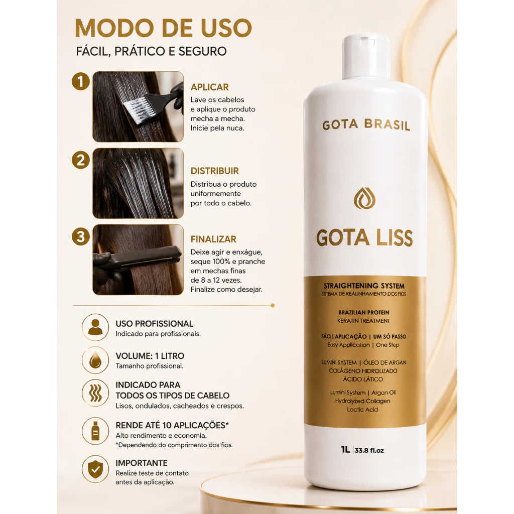 Progressiva Orgânica sem Formol 1L Gota Liss Liso Espelhado com Protetor Térmico e Finalizador