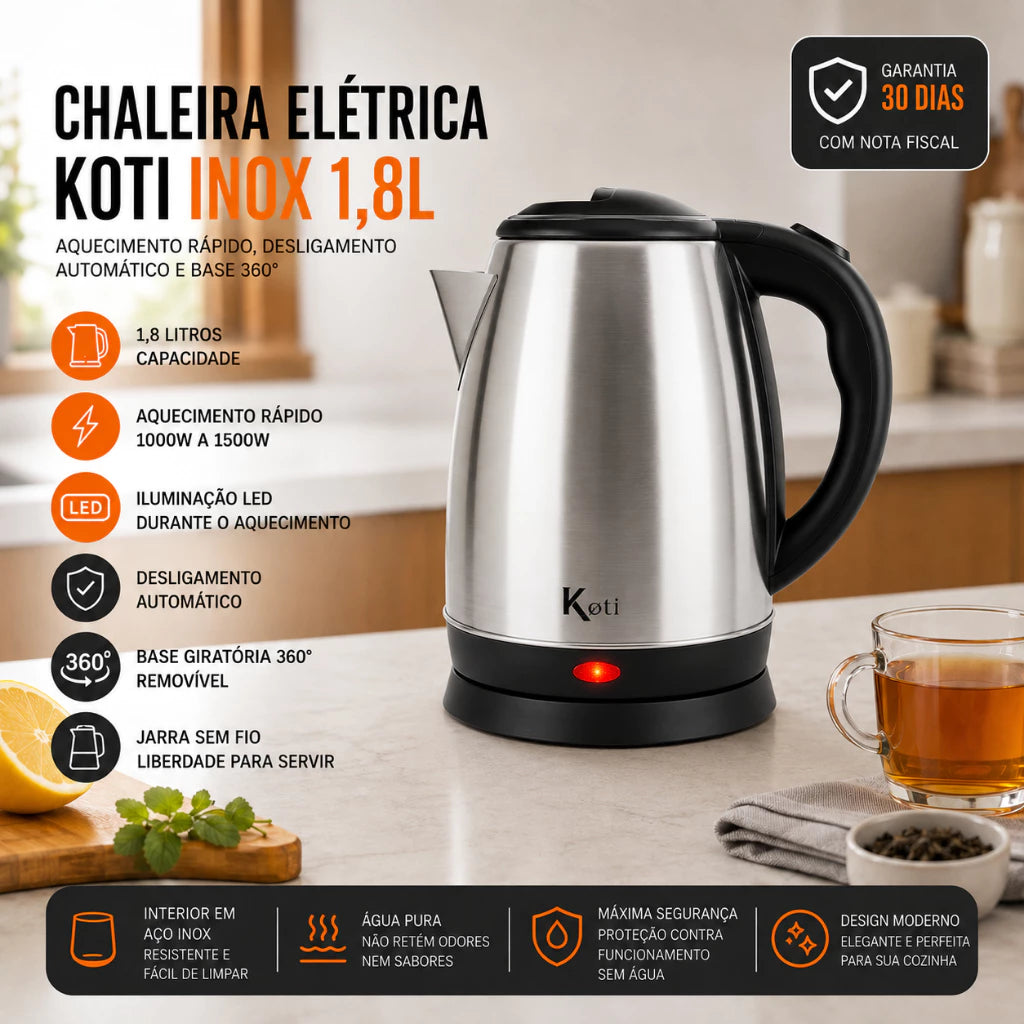 Chaleira Elétrica Jarra Inox 1.8L Ferve Água Rápido Desligamento Automático 110V 220V
