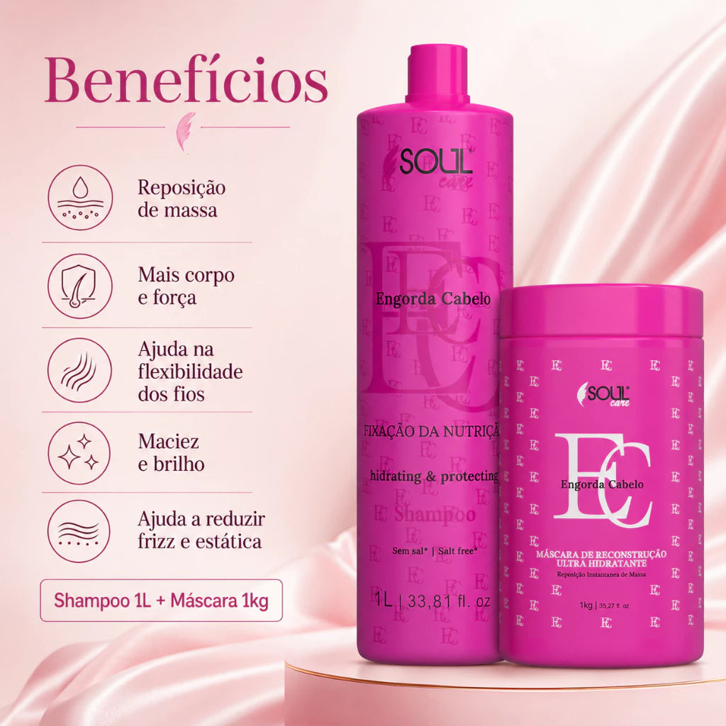 Kit Reconstrução Profissional Engorda Cabelo de Shampoo e Mascara Cronograma Capilar
