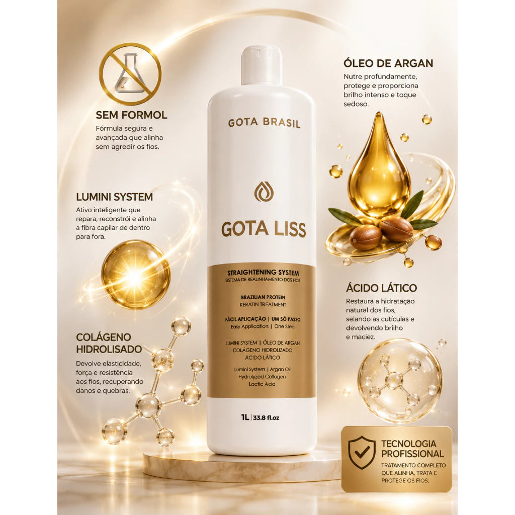 Progressiva Orgânica sem Formol 1L Gota Liss Liso Espelhado com Protetor Térmico e Finalizador