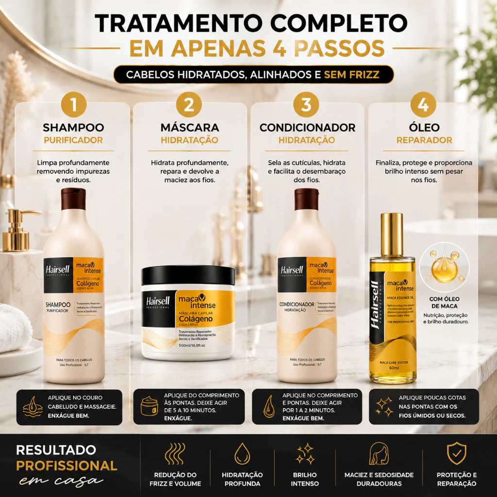 Kit Shampoo + Cond Purificador 1L Máscara Hidratação 500g Óleo Reparador 60ml Hairsell