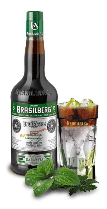 Brasilberg Underberg Original Brasilberg Aperitif bottle with herbal bitter label, 920ml, in a clear glass bottle.