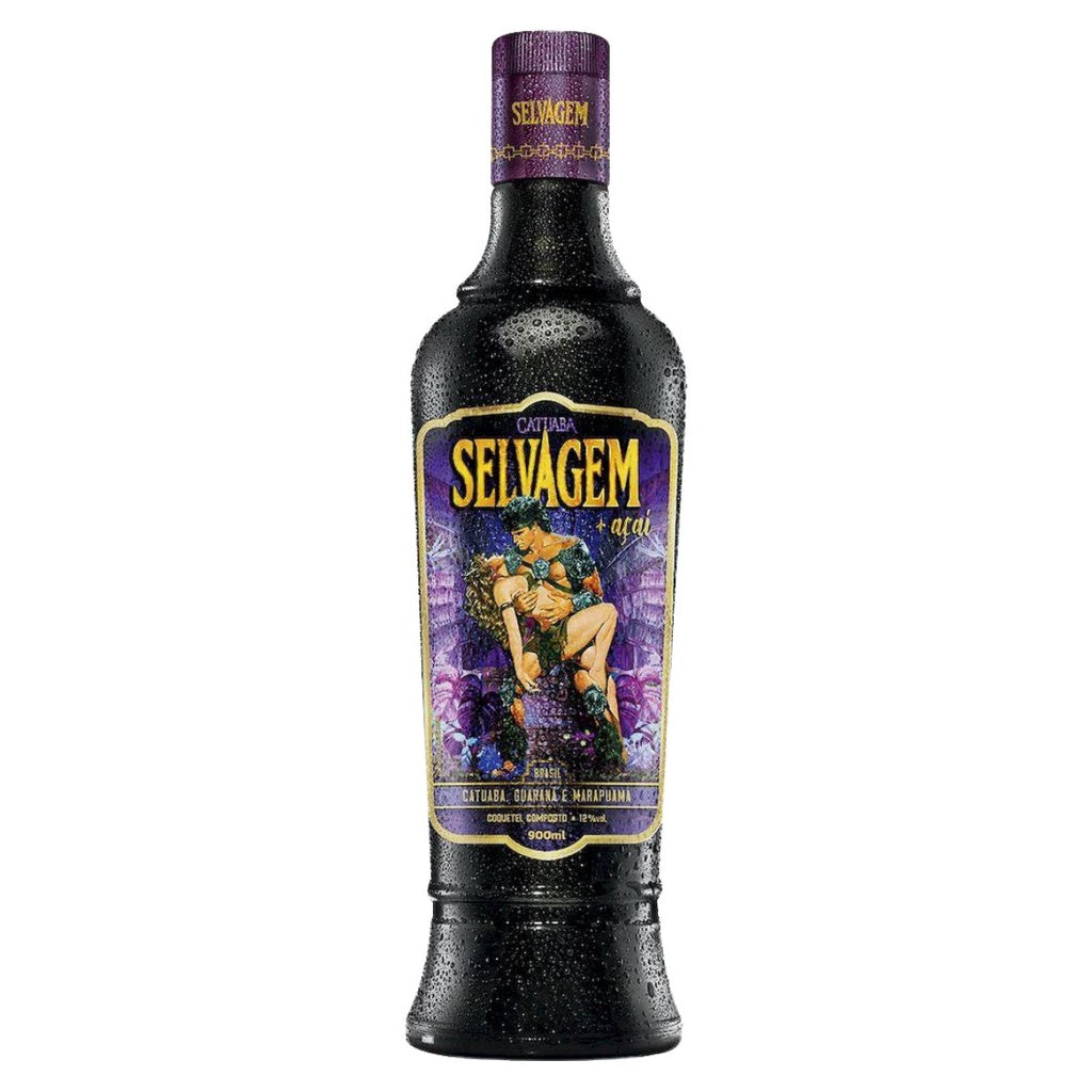 Bottle of COMARY Selvagem cocktail with a colorful label, containing açaí, catuaba, guaraná, and marapuama, 900ml.
