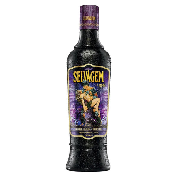 Bottle of COMARY Selvagem cocktail with a colorful label, containing açaí, catuaba, guaraná, and marapuama, 900ml.